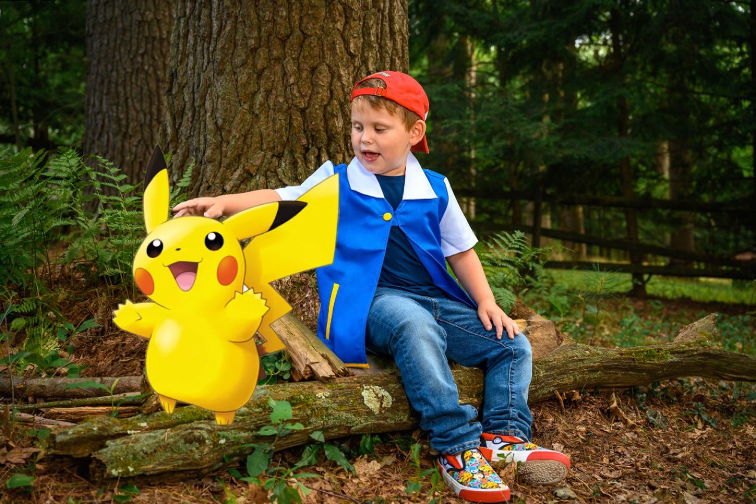 A boy dressed as Ash Ketchum poses with a Pikachu figure on a log in the woods.