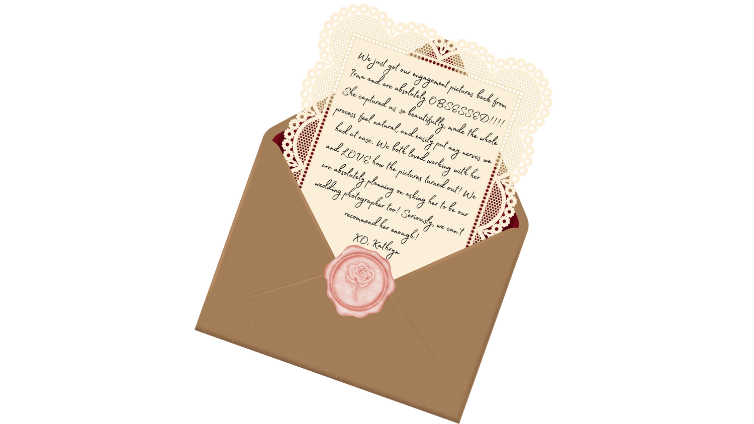 Romantic kraft paper envelope with handwritten love letter, delicate lace trim, and pink wax seal illustration.