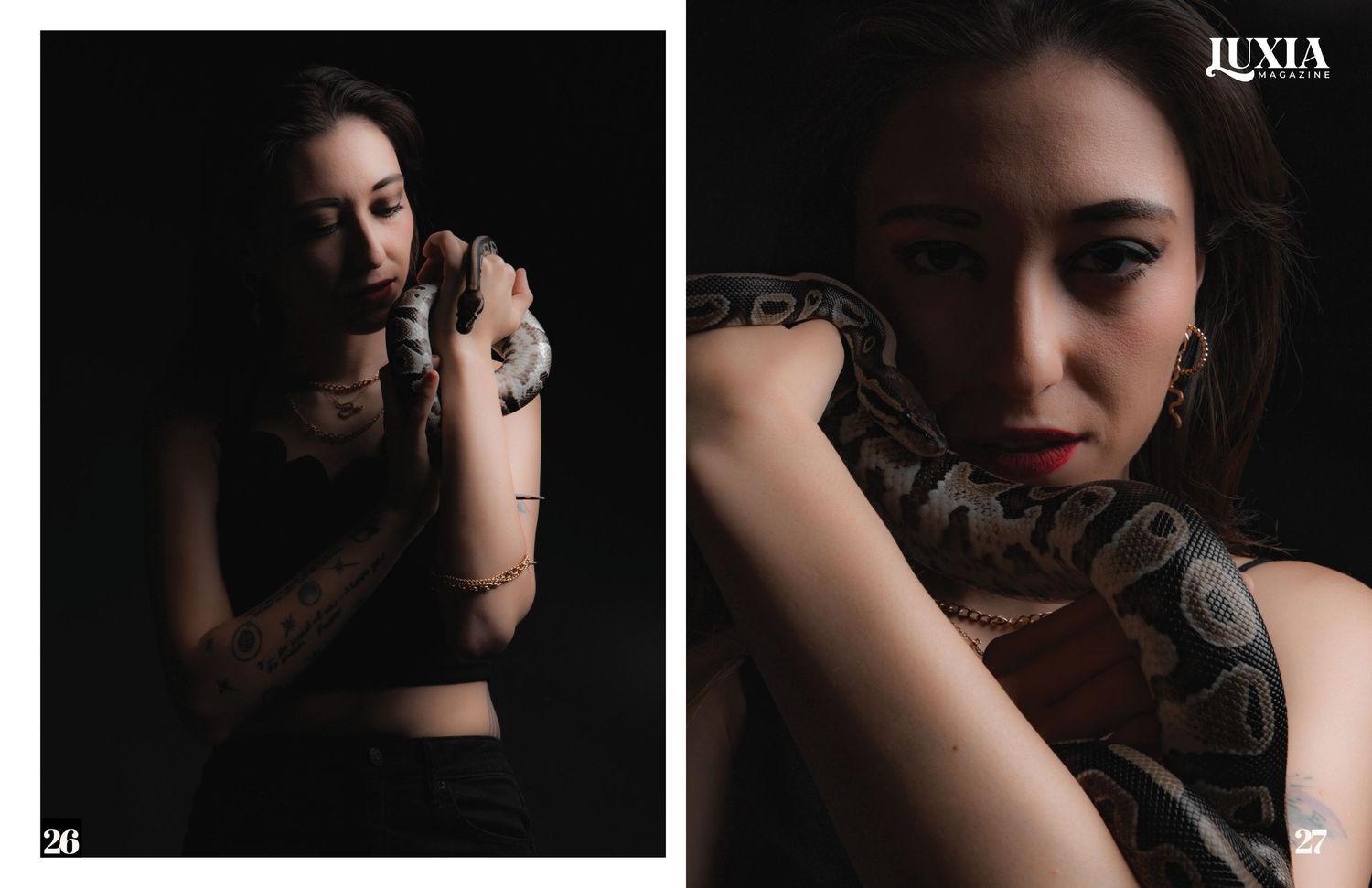Dark artistic portrait with snake wrapped around model's arm.