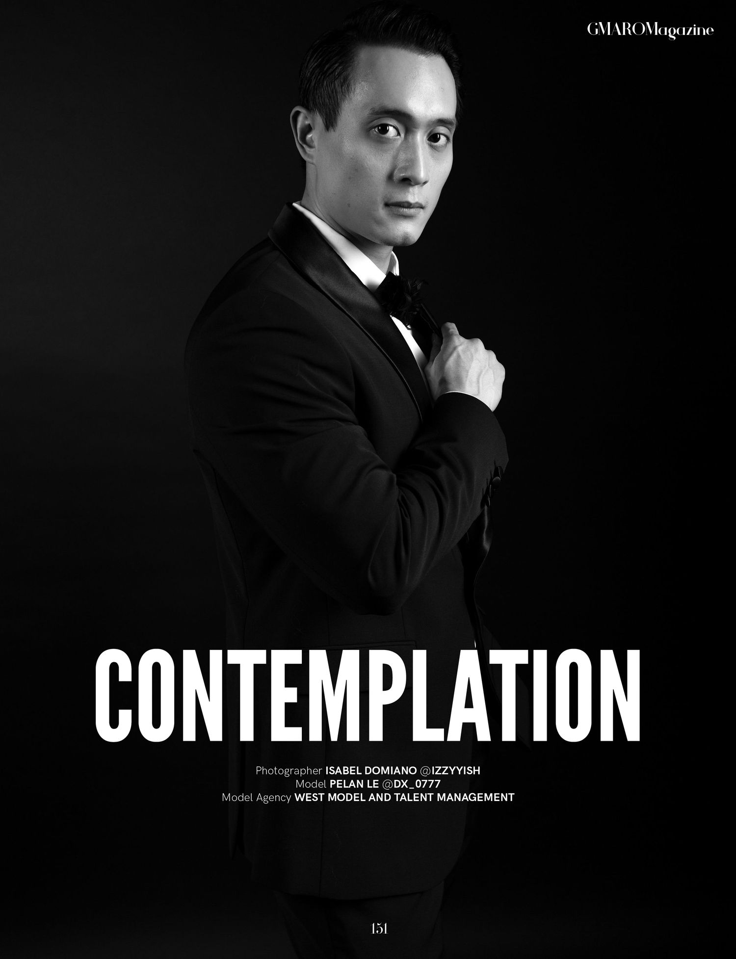 Black and white portrait titled Contemplation showing figure in formal attire.