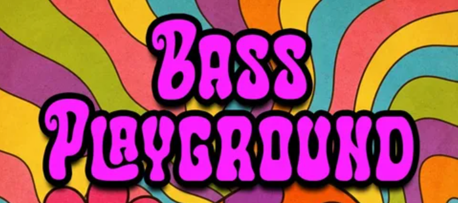 Colorful retro psychedelic banner with swirling rainbow patterns and bold pink text reading Bass Playground.