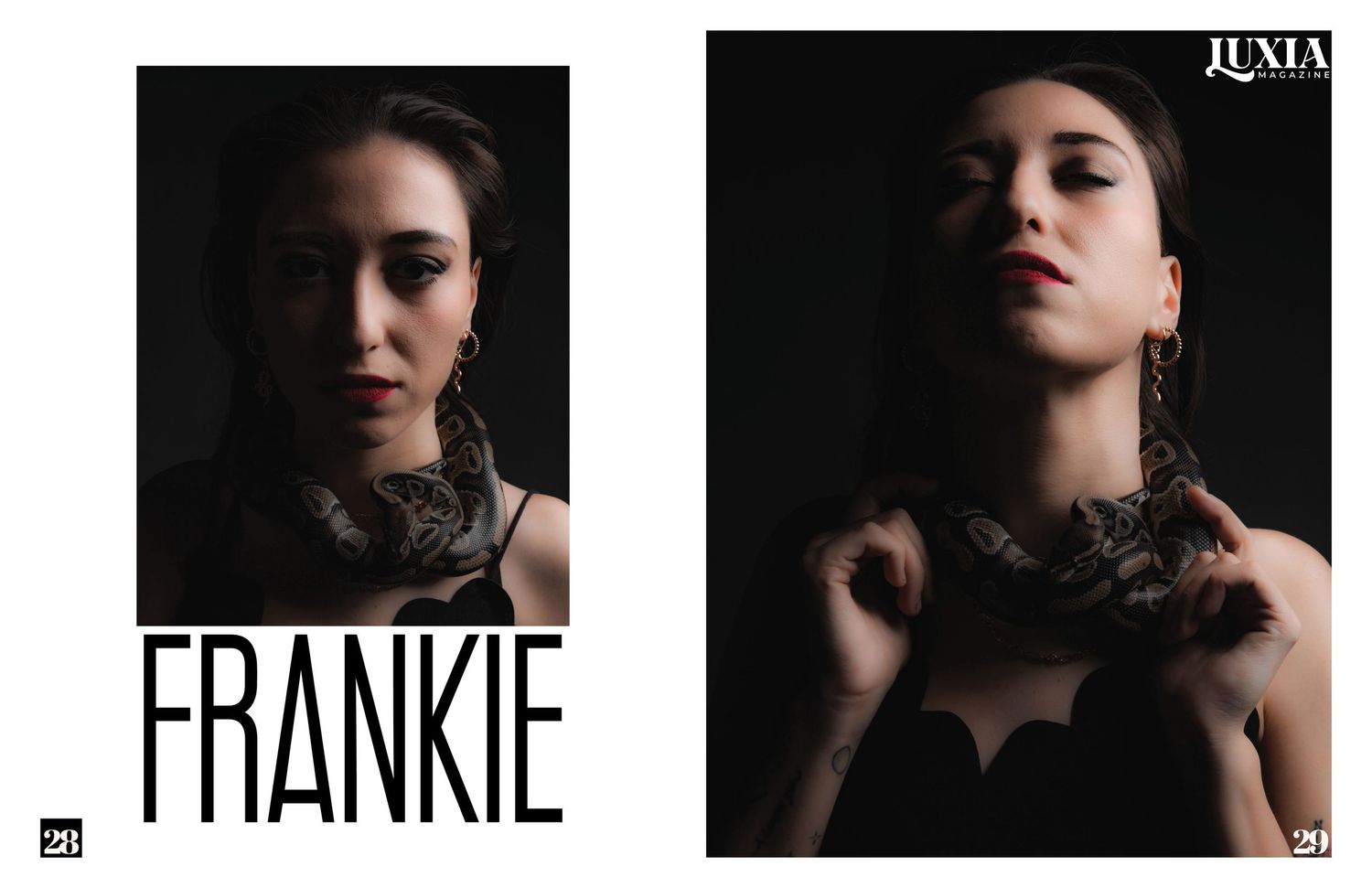Dark fashion portraits with snake accessory for editorial spread titled Frankie.