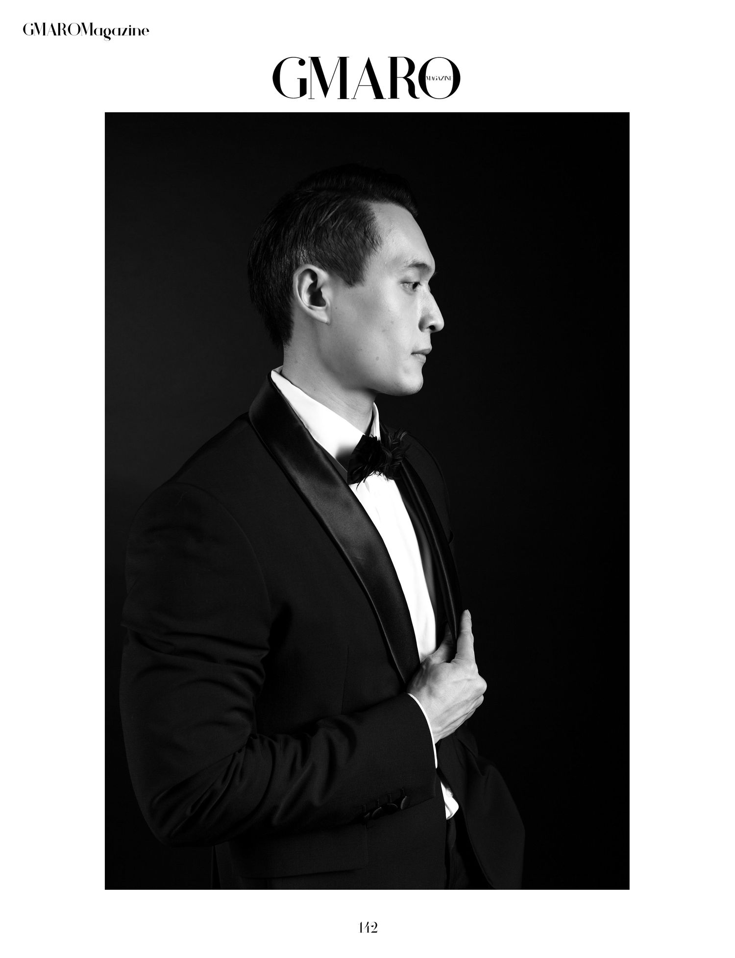 Dramatic black and white editorial shots featuring formal attire and classic poses.