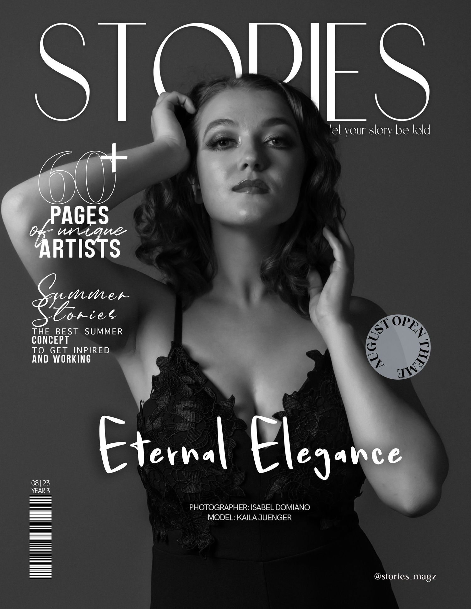 Black and white Stories Magazine cover featuring model Kaila Juenger in elegant lace, titled Eternal Elegance.