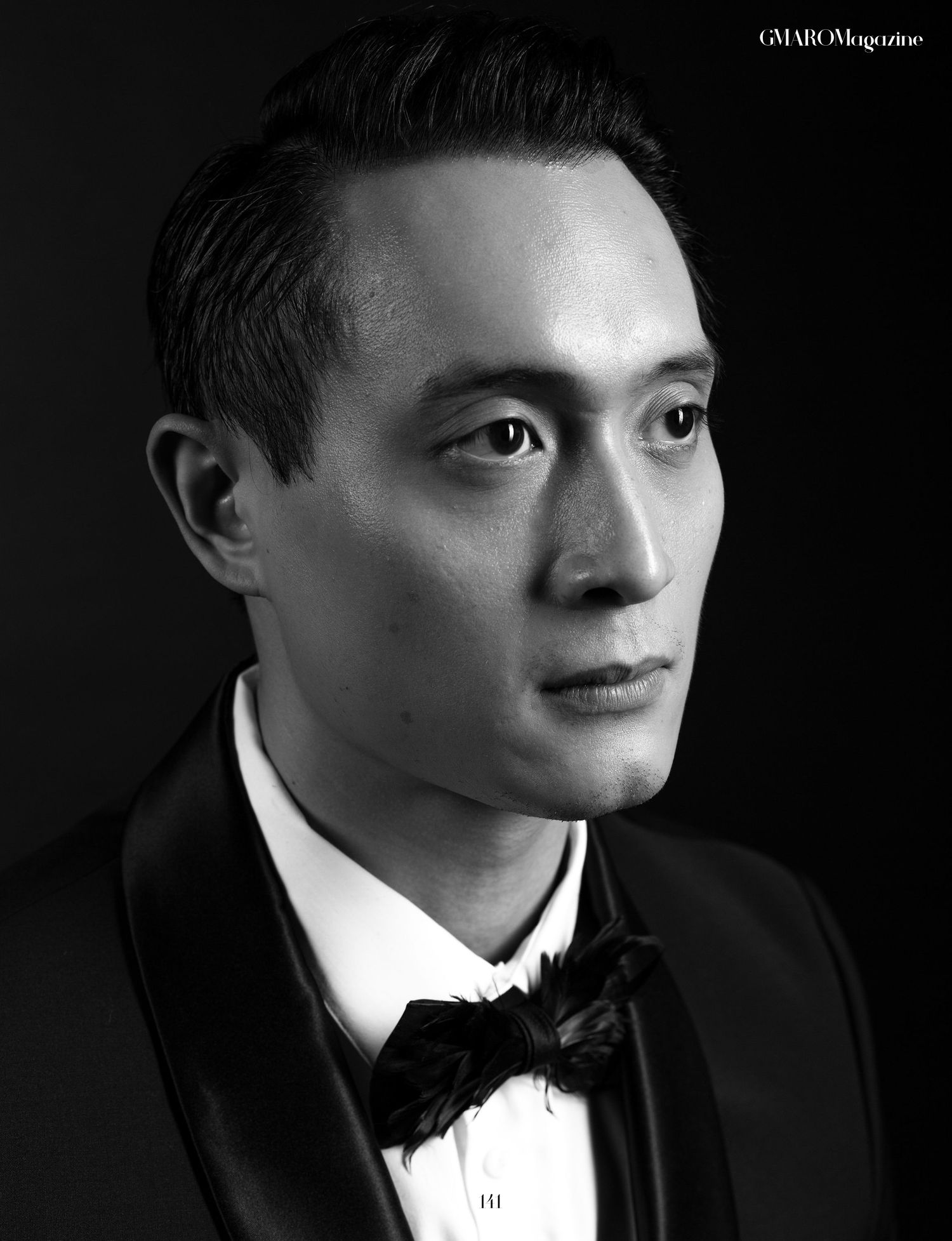 Black and white formal portrait series in classic tuxedo style.