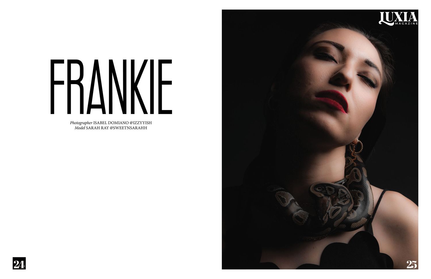 Dramatic fashion editorial titled Frankie featuring model with snake.