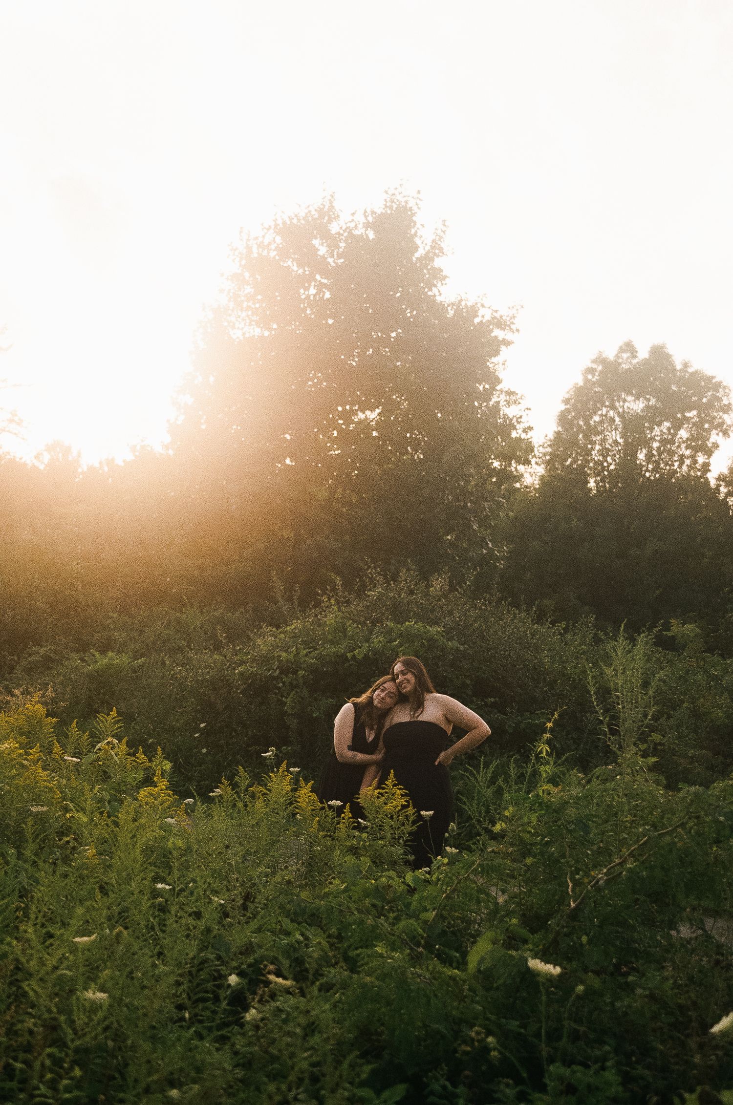 Couple embracing in a lush green field during golden hour sunset, surrounded by wildflowers and trees.