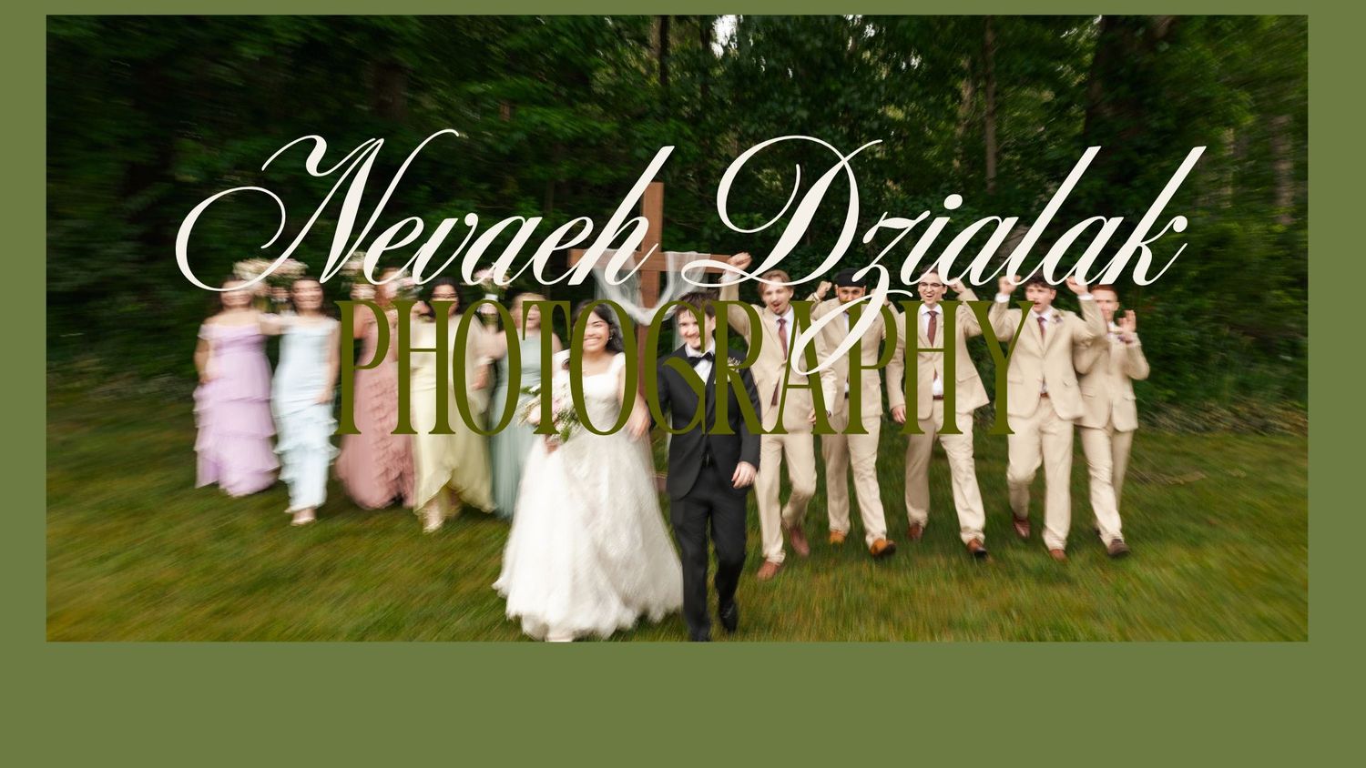 Wedding party poses outdoors in forest, bride and groom centered, bridal party in pink and tan suits, Nevaeh Dzialak Photography logo.