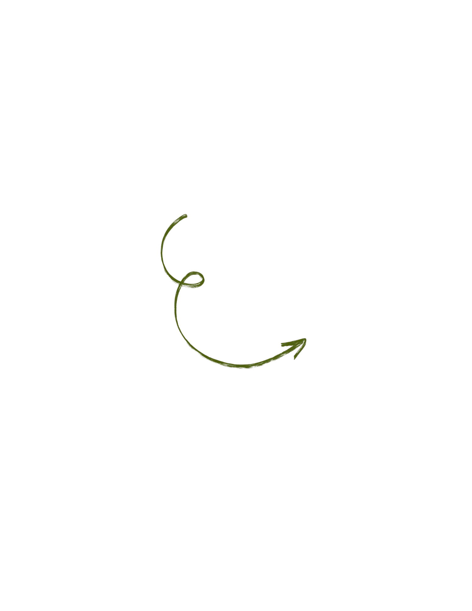 Olive green hand-drawn curly arrow pointing right on white background.