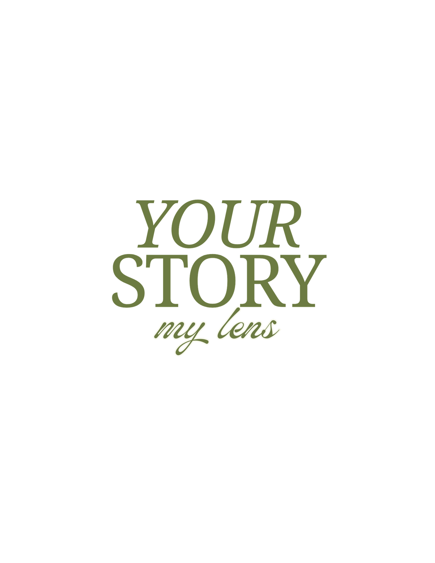 Your Story My Lens photography logo in olive green serif and script font on white.
