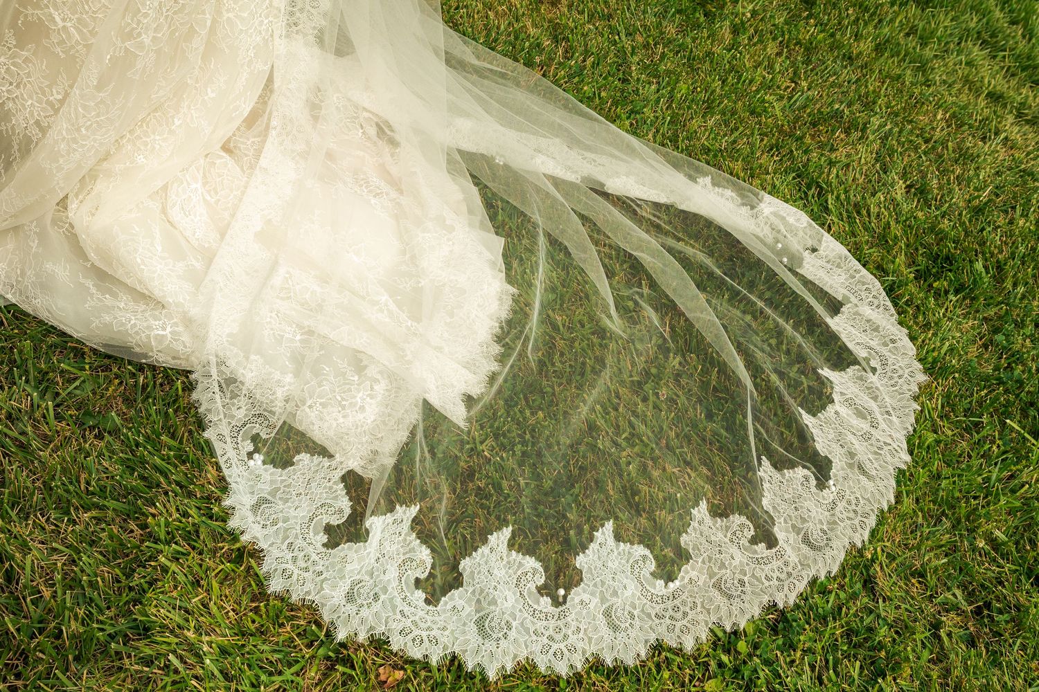 Close-up of intricate lace-edged bridal veil and gown train spread elegantly across green grass outdoors.
