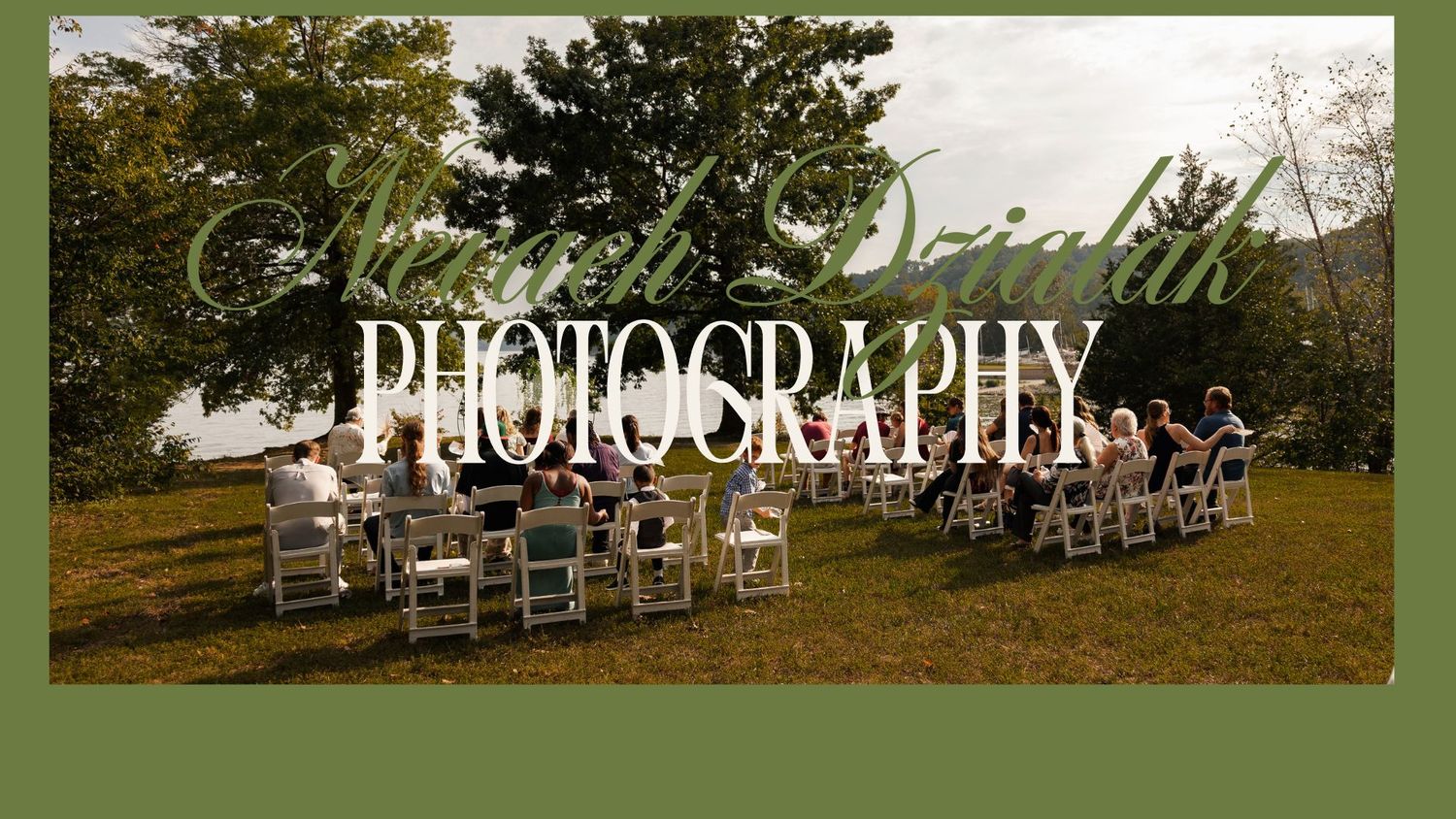 Outdoor wedding ceremony with guests seated on white chairs on a green lawn, featuring Elizabeth Deiulio Photography logo.