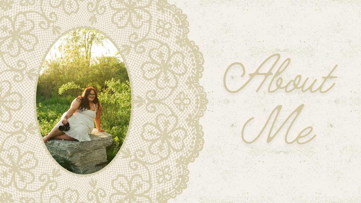 Elegant vintage lace-bordered 'About Me' slide featuring a young woman in a white dress sitting on rocks outdoors.