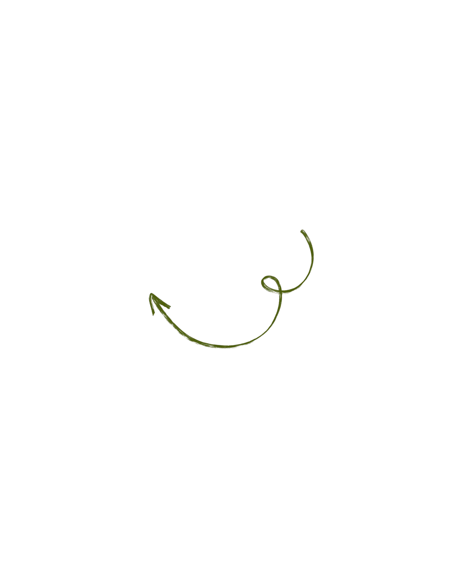 Olive green hand-drawn curly arrow pointing left on white background.