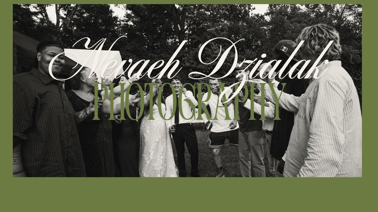 Micaeh Dzialak Photography logo overlaid on a group of people gathered outdoors among lush green trees.