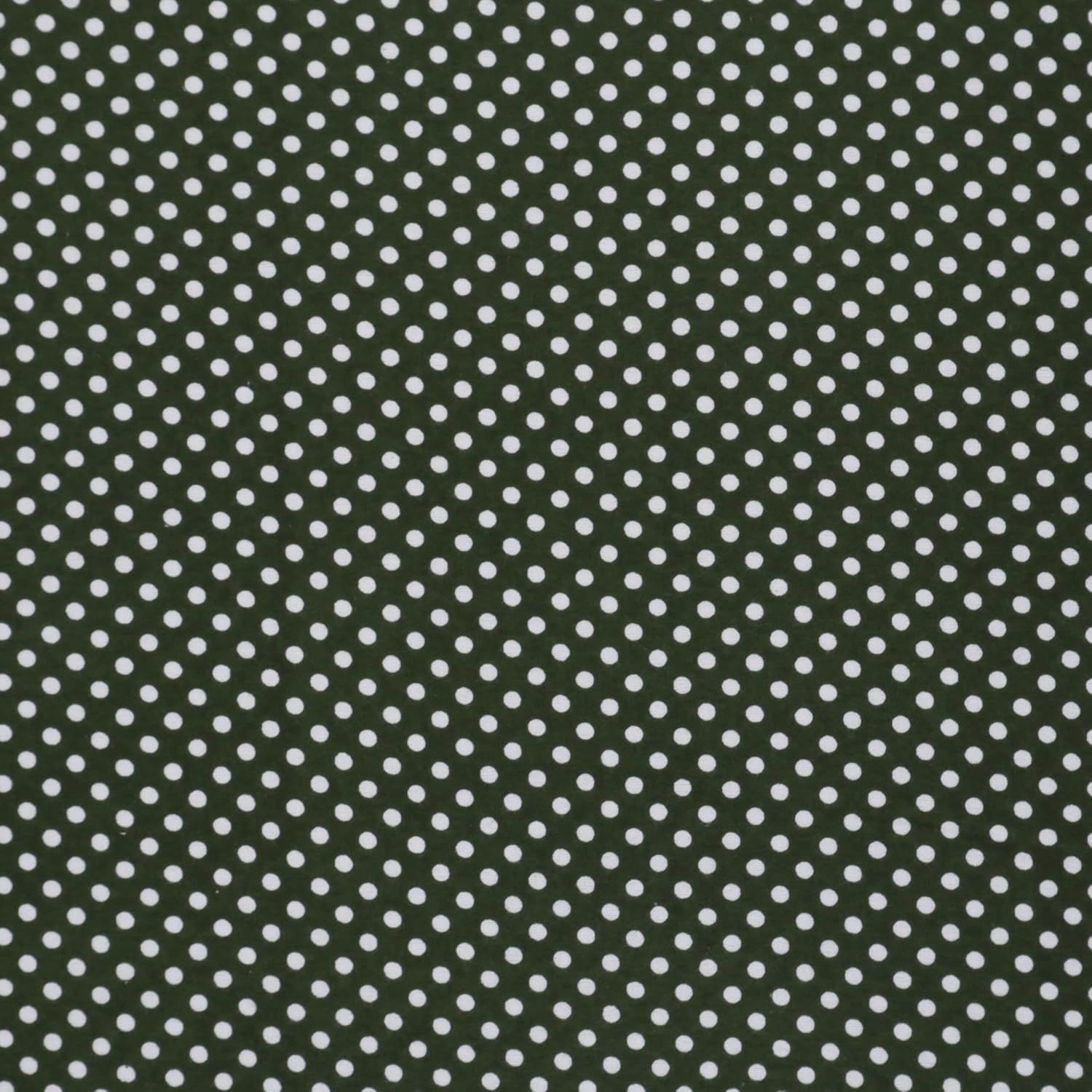 Dark green and white polka dot fabric pattern with evenly spaced small dots.