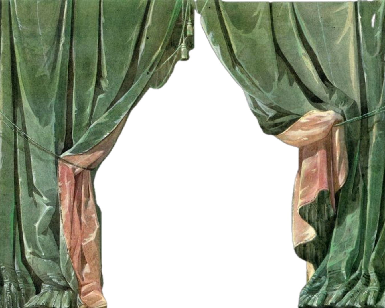 Elegant green velvet curtains with pink tie-backs framing a white background stage setting.