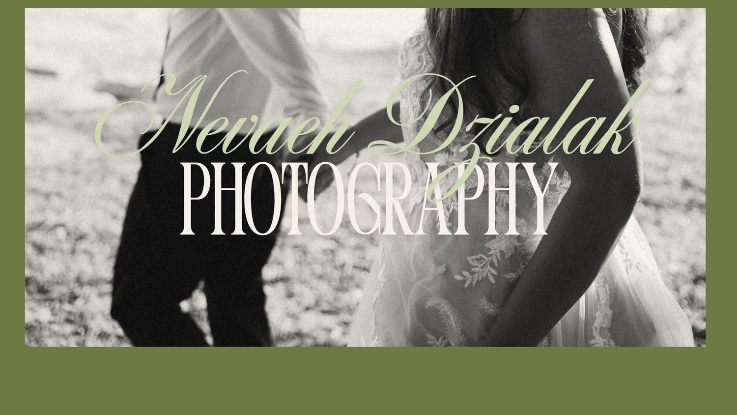 Nevuen Dzialak Photography logo overlaid on a romantic black and white photo of a couple in wedding attire.