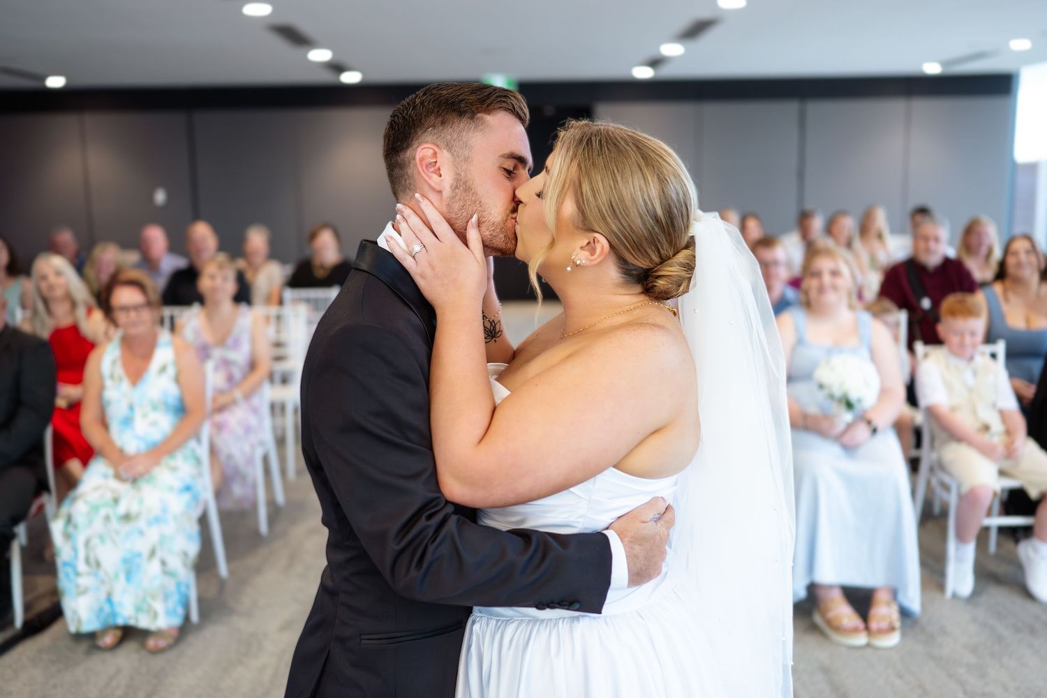 A series of romantic first dance photos at a wedding reception showing tender moments between the couple.