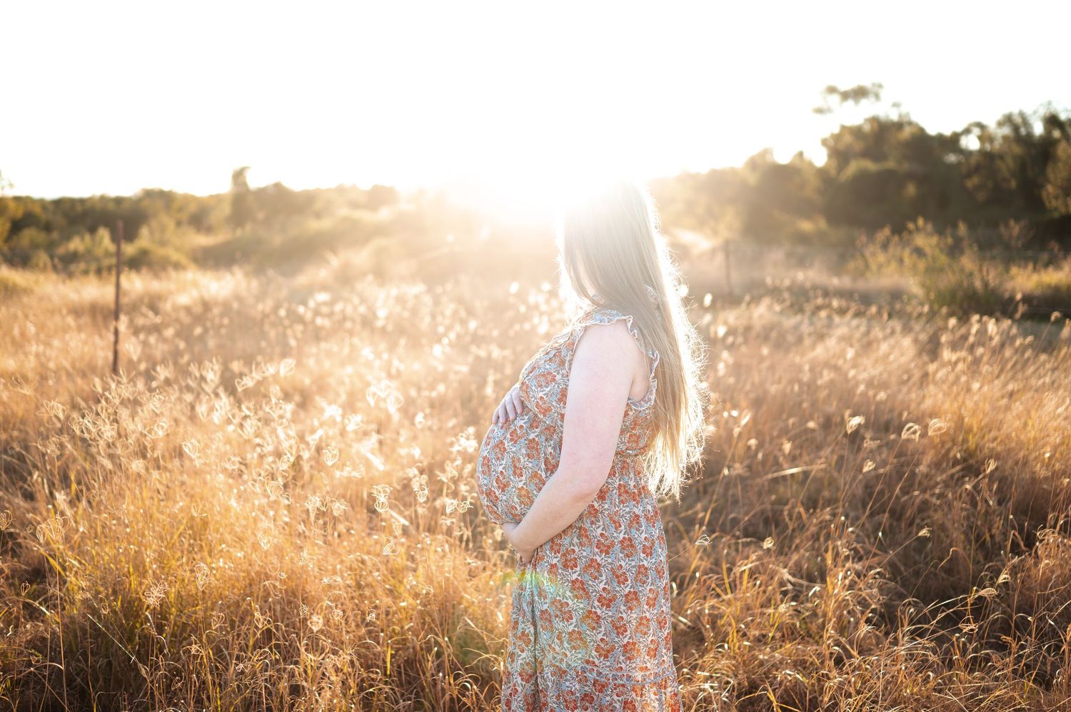 Golden sunlight illuminates grassy field during outdoor portrait session.