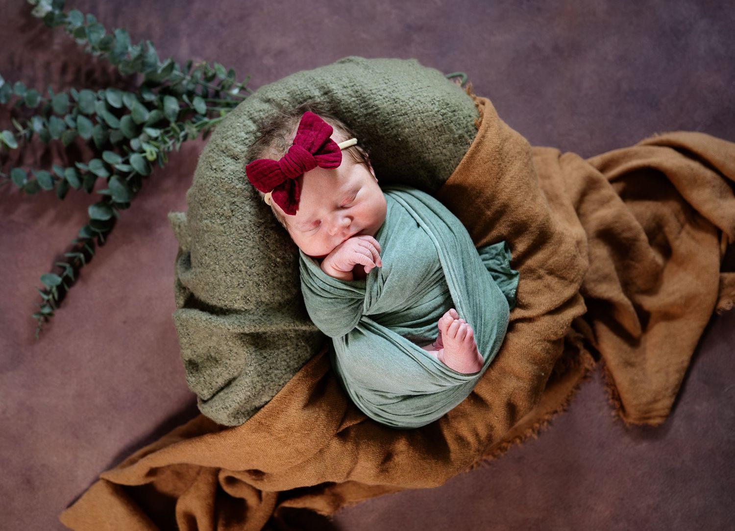 Newborn sleeping peacefully wrapped in green and brown blankets with decorative greenery.