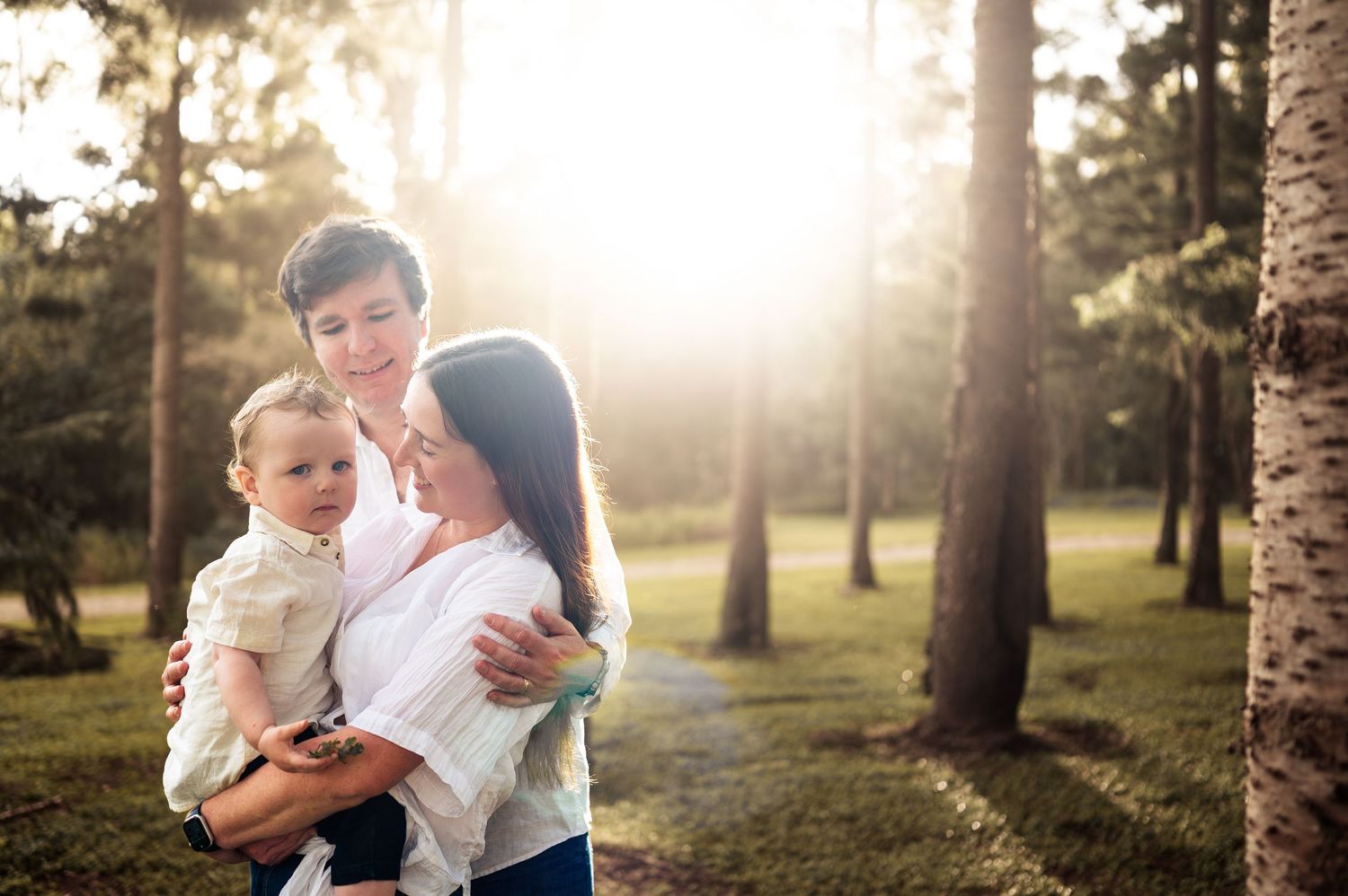 Family portrait session in a sunlit forest with golden light streaming through the trees.