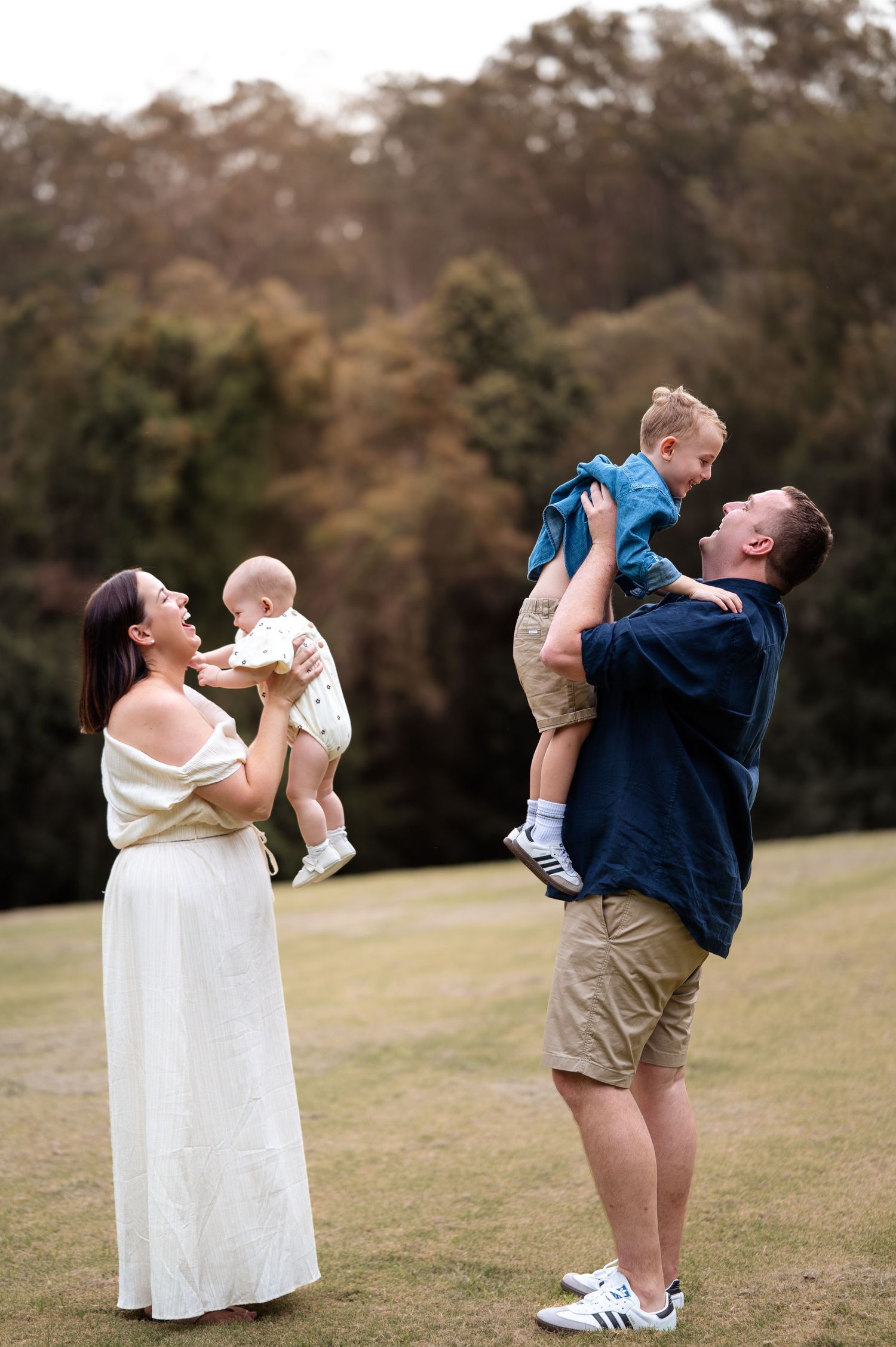 Series of candid moments between family members enjoying time together outdoors.