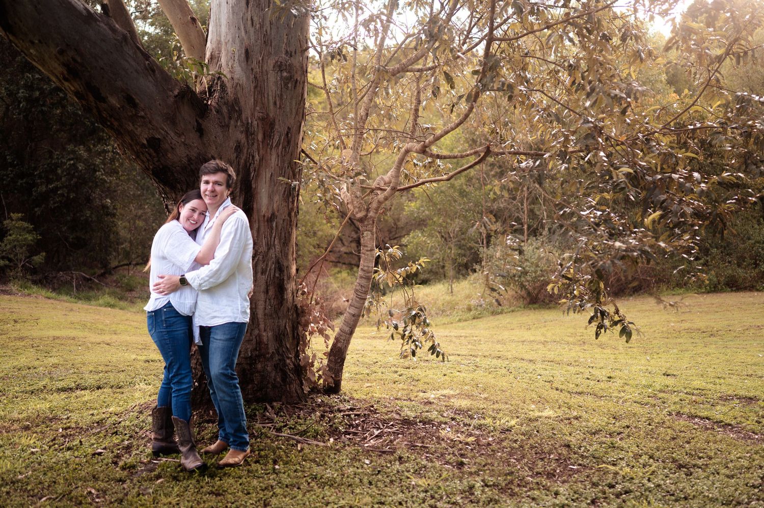 Couple embracing under large eucalyptus tree in park setting.