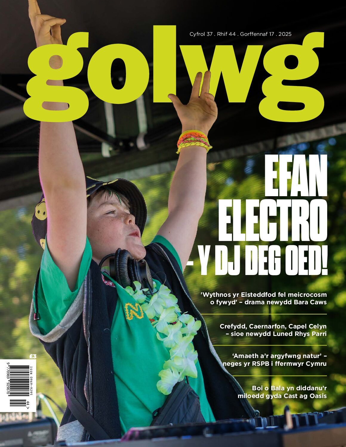 Magazine cover of Golwg featuring a young DJ performing at an outdoor event with bright stage lighting.