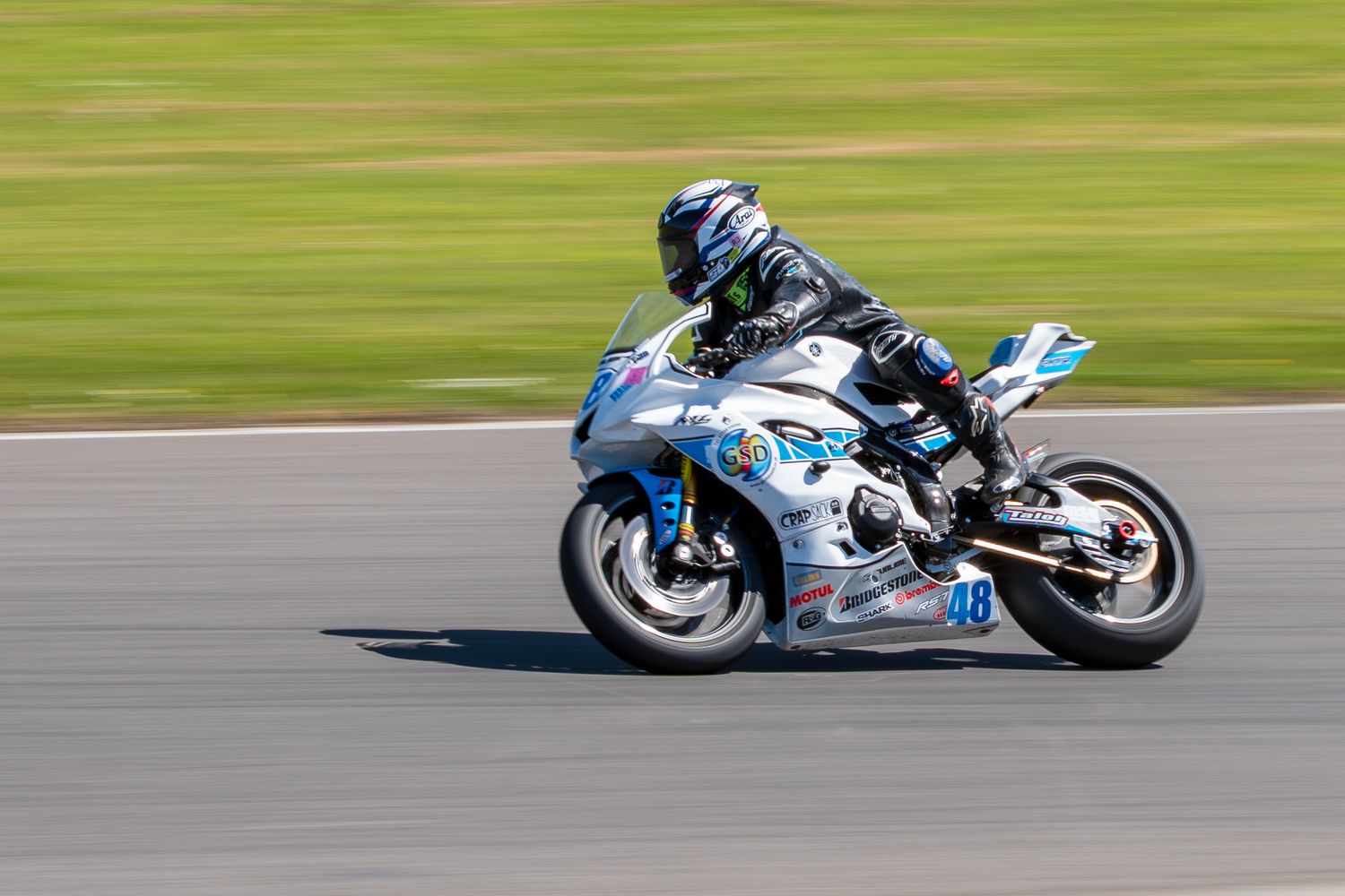 Rider in black gear racing a blue and white motorcycle past motion-blurred grass.