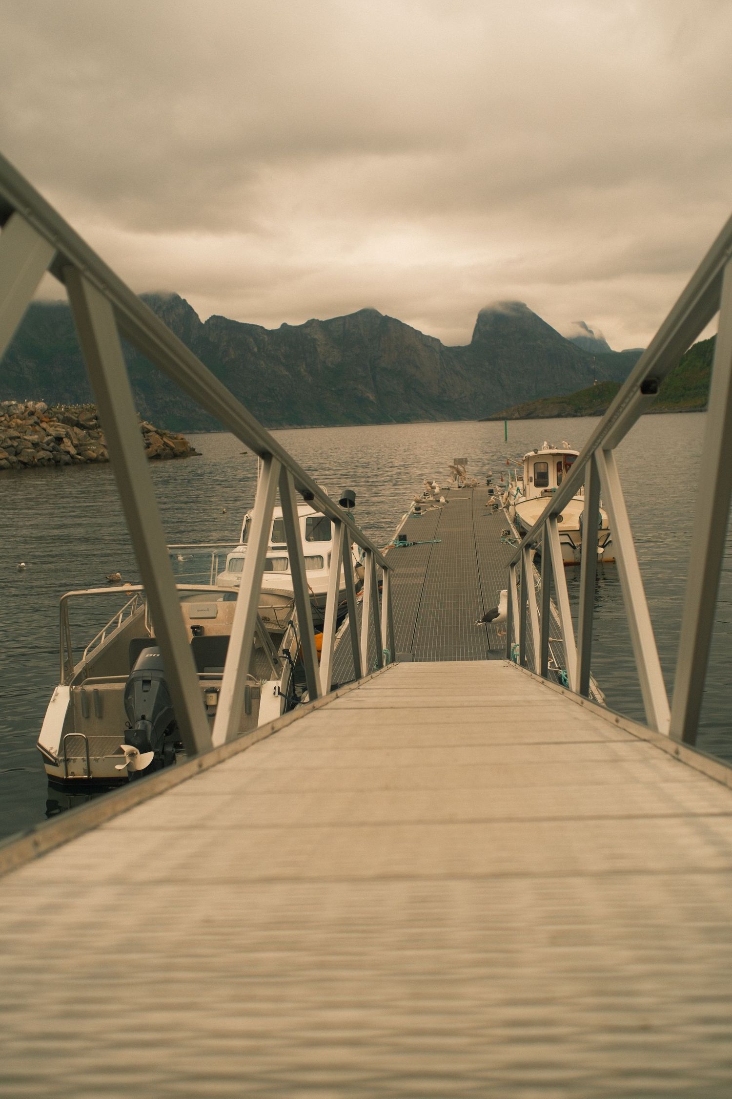 Wooden pier with railings leading out into a moody grey fjord on Senja, Norway