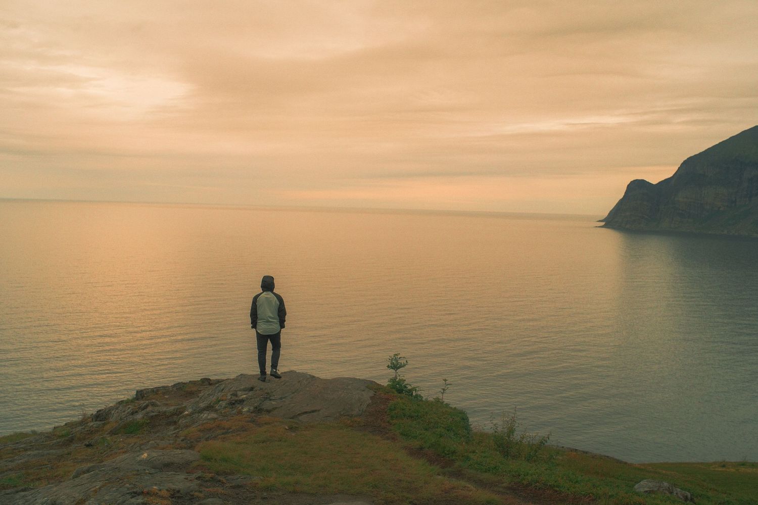 Hiker on a rocky point above a fjord glowing gold under the midnight sun on Senja, Norway