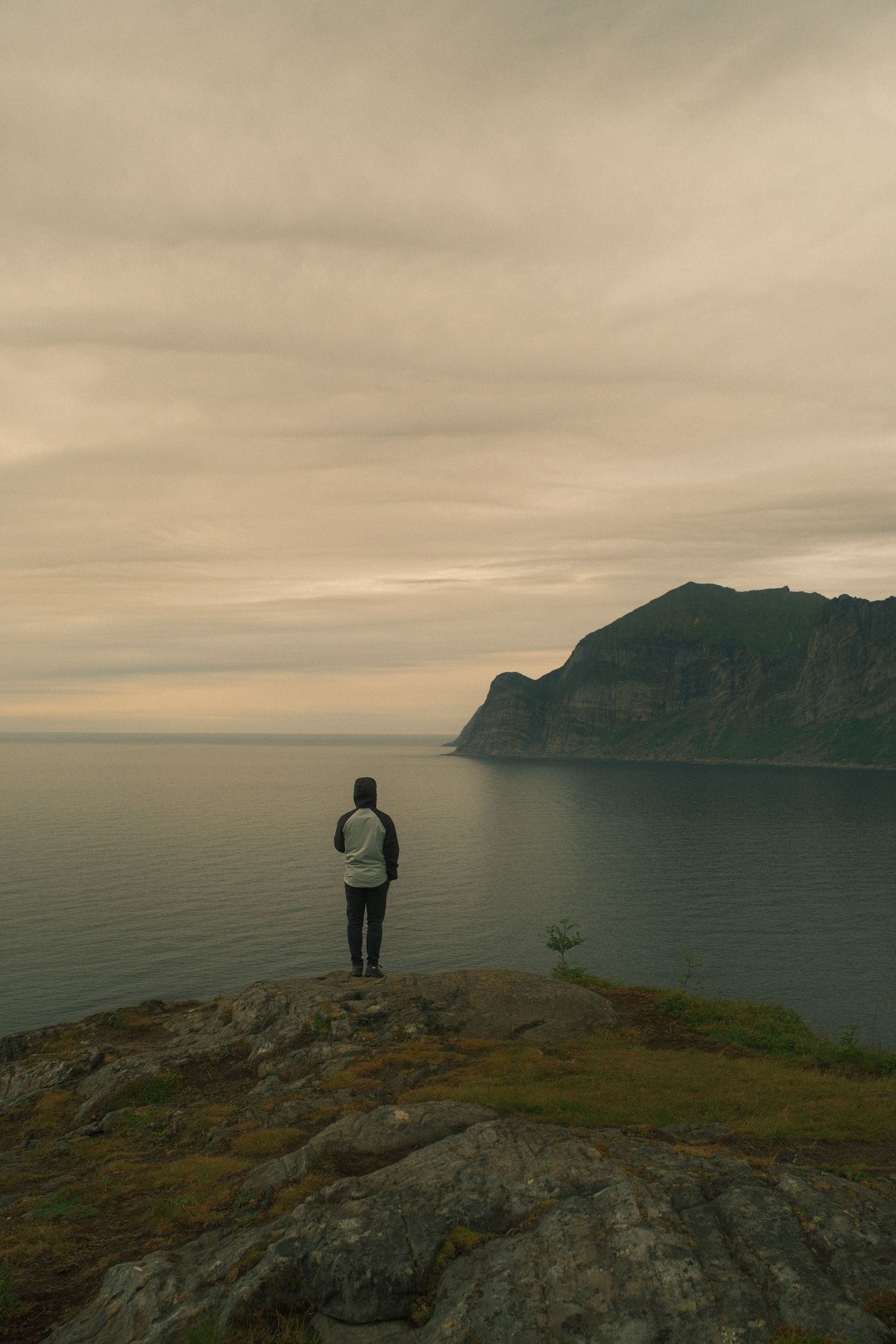 Hiker standing on coastal rocks looking out over the sea to misty mountains on Senja, Norway