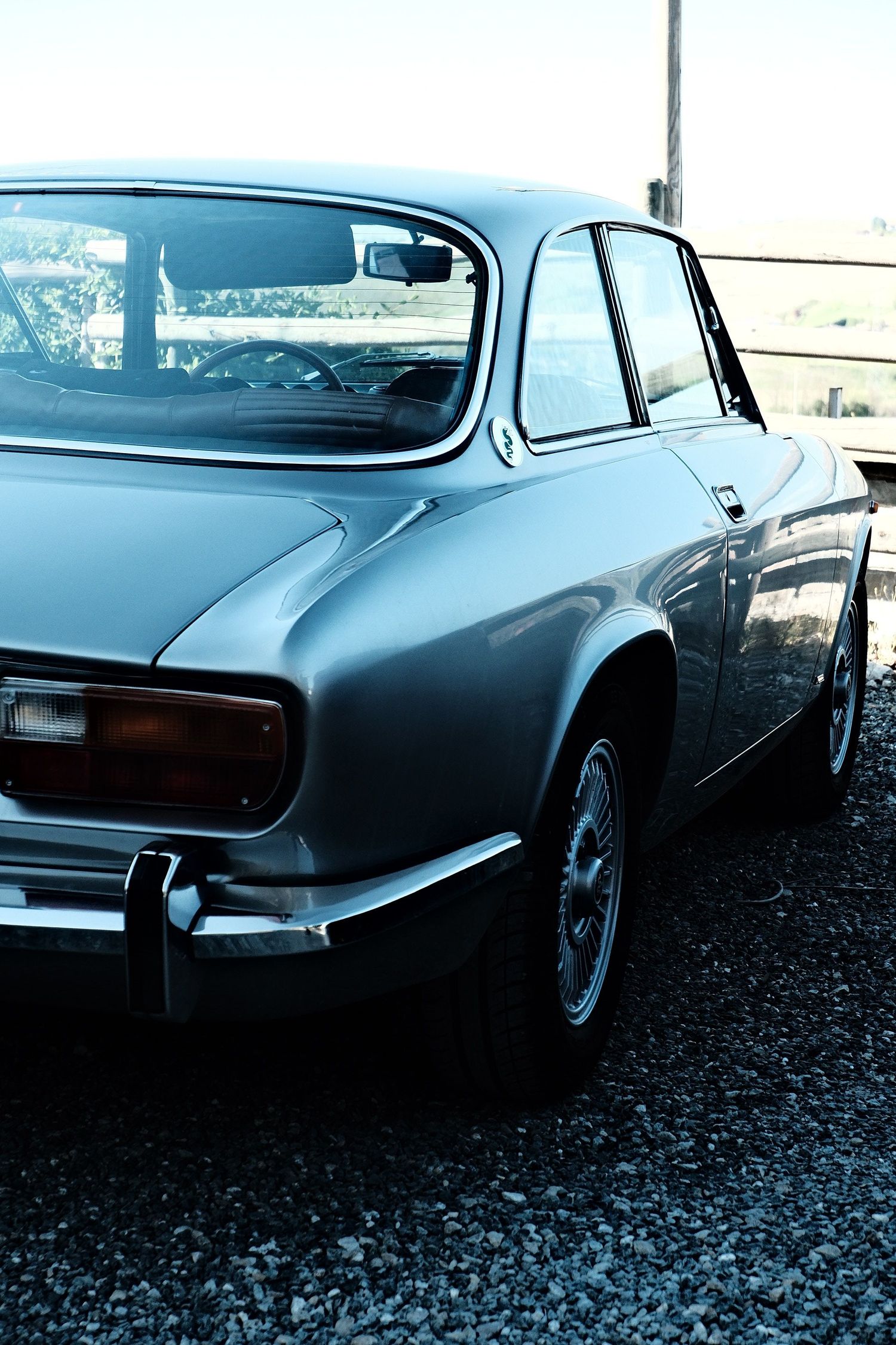 Rear of a classic blue Alfa Romeo parked on gravel beside a vineyard in Piedmont