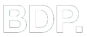 BDP architectural firm bold outlined white logo on black background.