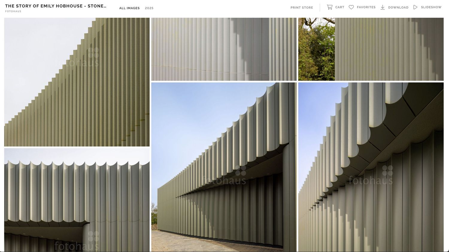 Modern building facade with vertical ribbed metal cladding panels in muted green-gray tones, photographed from multiple angles.