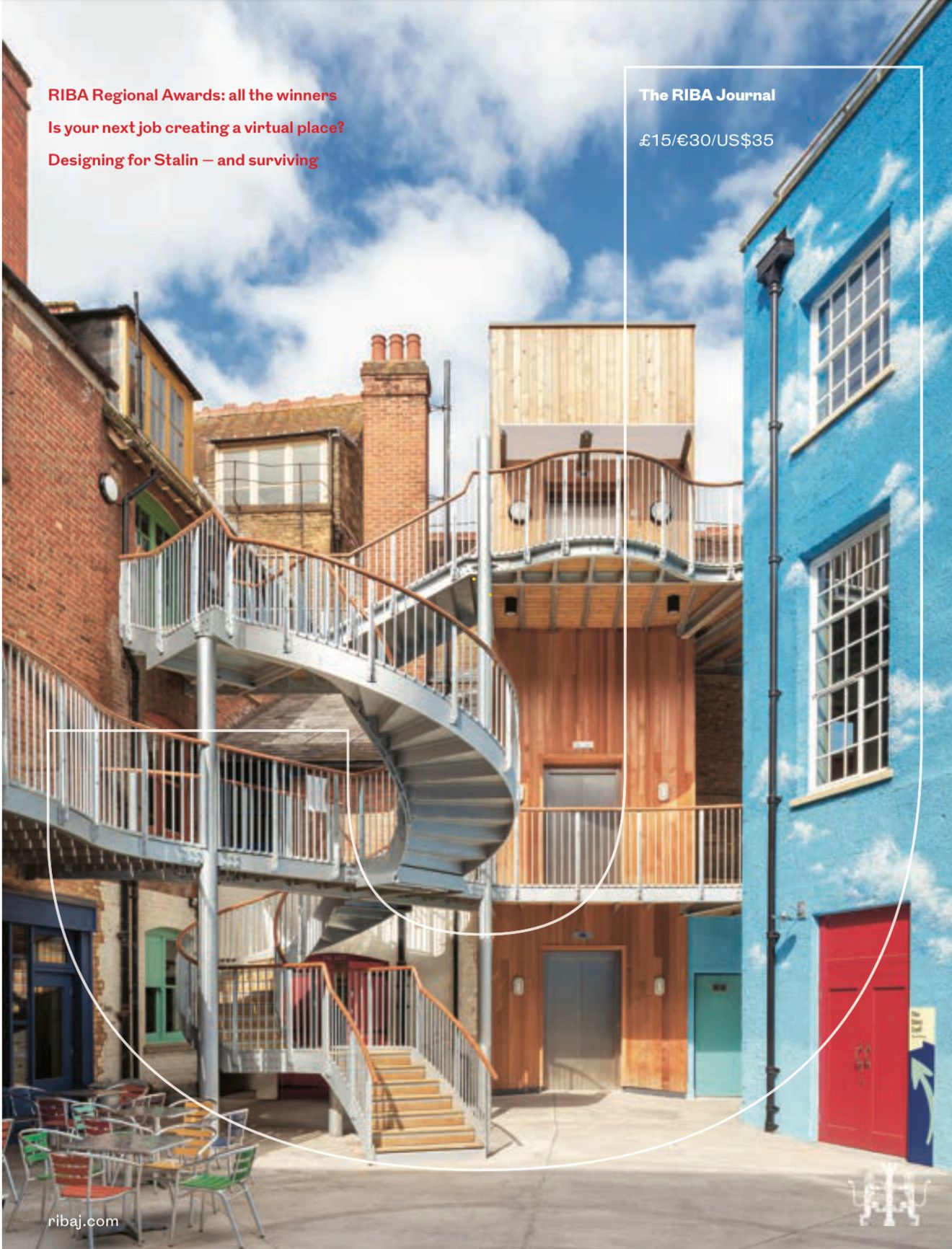 RIBA Journal magazine cover featuring a colorful courtyard with spiral staircases and modern architecture in an urban setting.