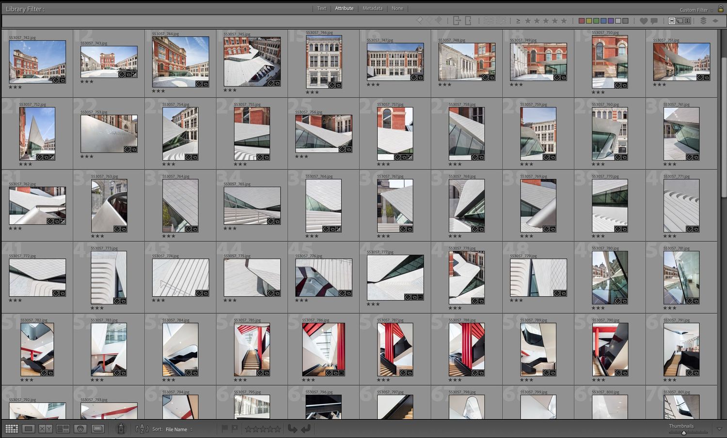Adobe Lightroom grid view displaying architectural photography thumbnails of urban buildings and geometric structures.