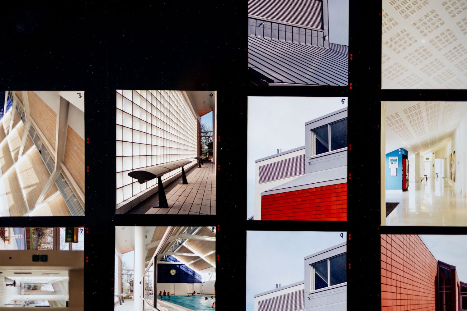 A collage of architectural photography showcasing modern building facades, corridors, and structural details in a grid layout.