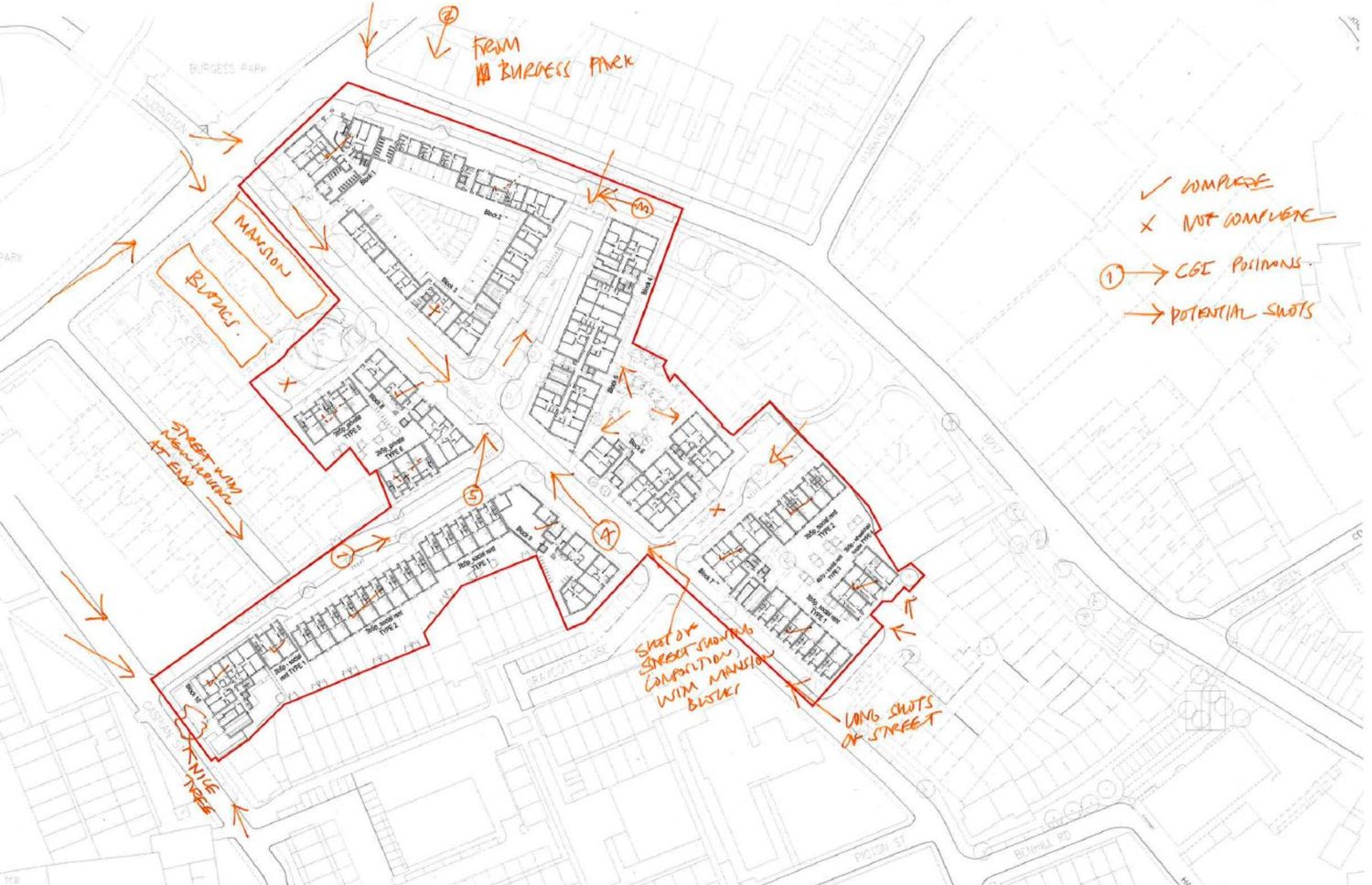 Architectural site plan sketch with orange annotations showing building layouts, parking areas, and property boundaries.