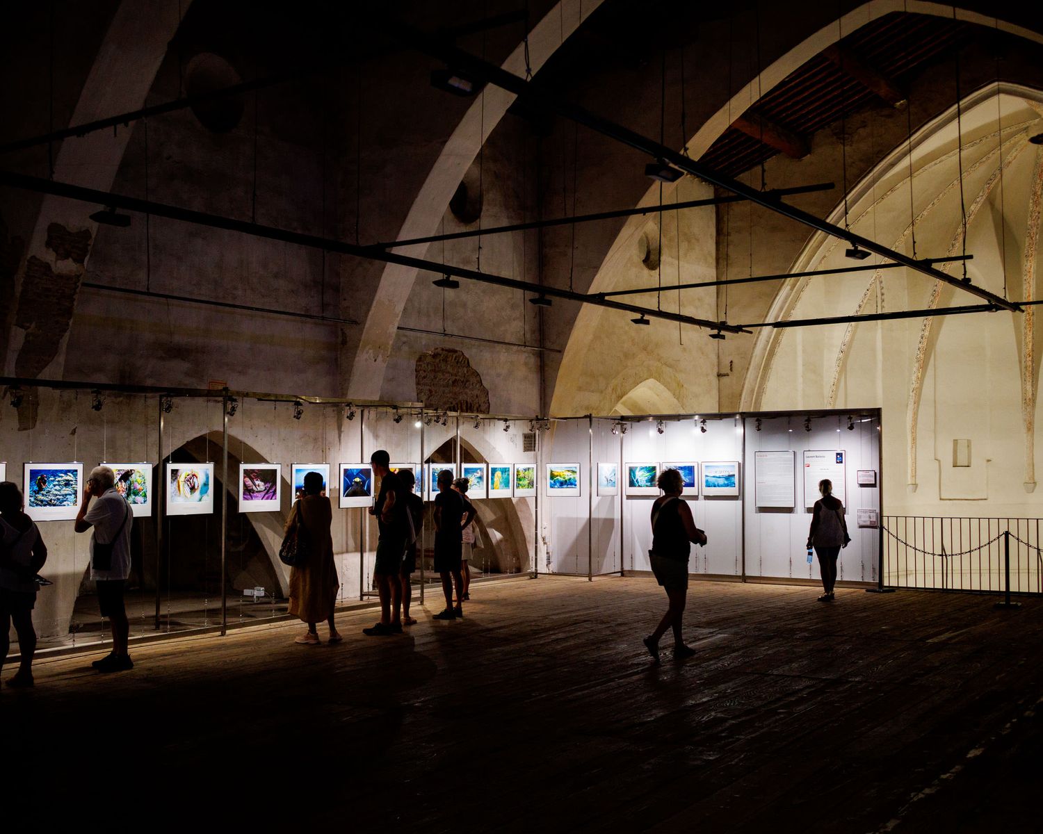 Silhouettes of visitors viewing illuminated photo exhibits in a dark vaulted stone gallery space.