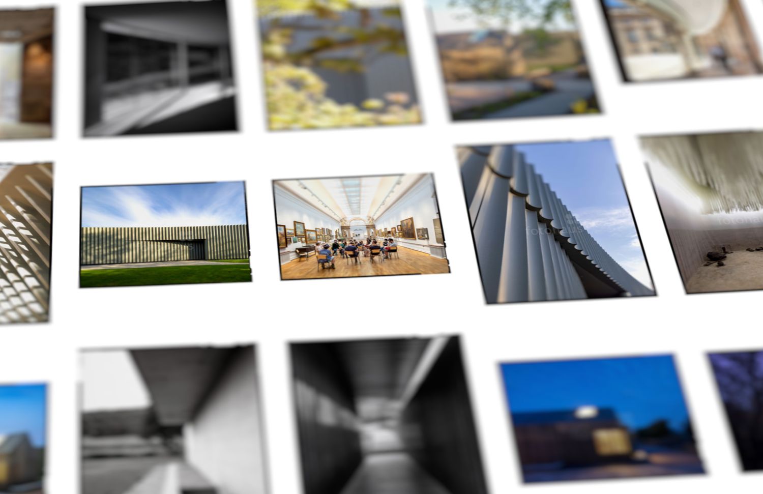 A collage of architectural photography prints arranged on a white surface showcasing modern buildings and interiors.