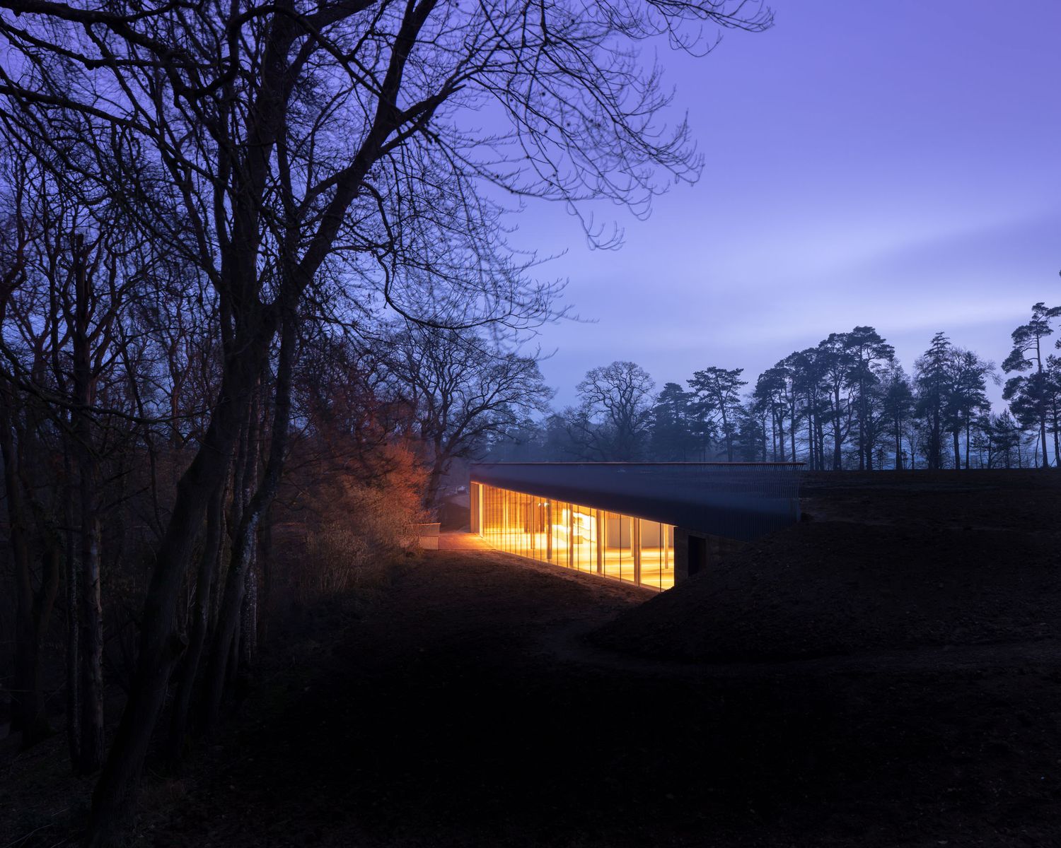 Illuminated modern glass pavilion glowing warmly against a twilight blue sky surrounded by bare winter trees.