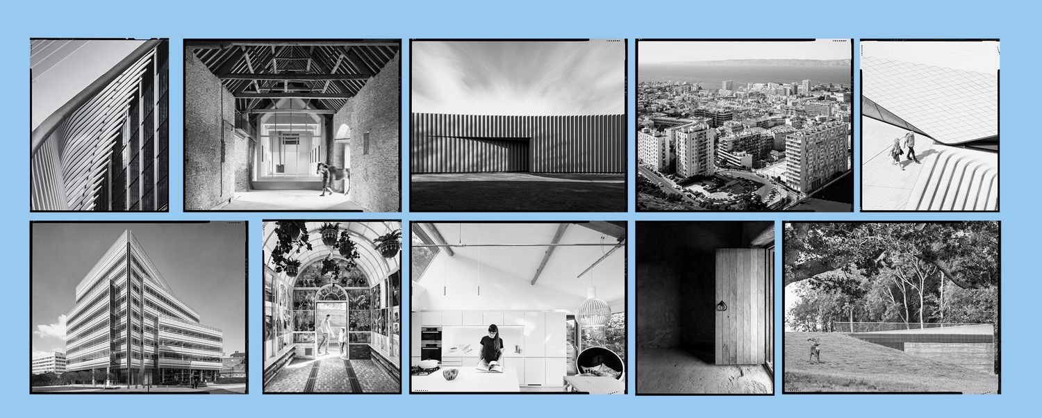 Black and white architecture portfolio 5x4 contact sheet showing modern building facades, interior spaces, and urban cityscape photographs.