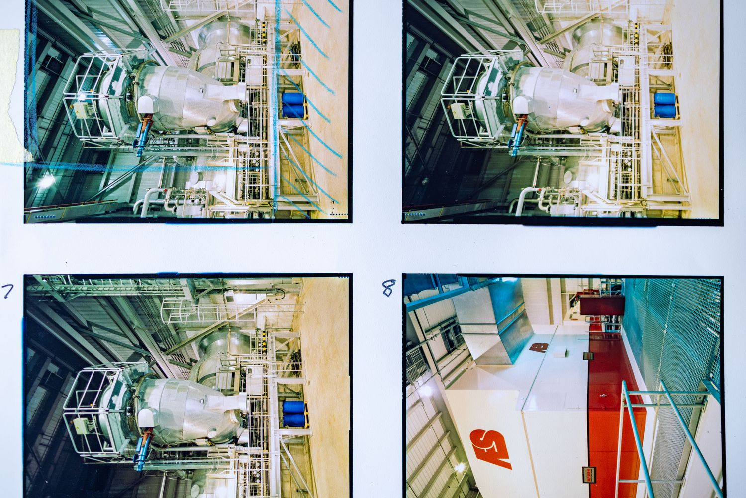 Four industrial facility photos showing large white cylindrical machinery and equipment in a manufacturing or power plant setting.