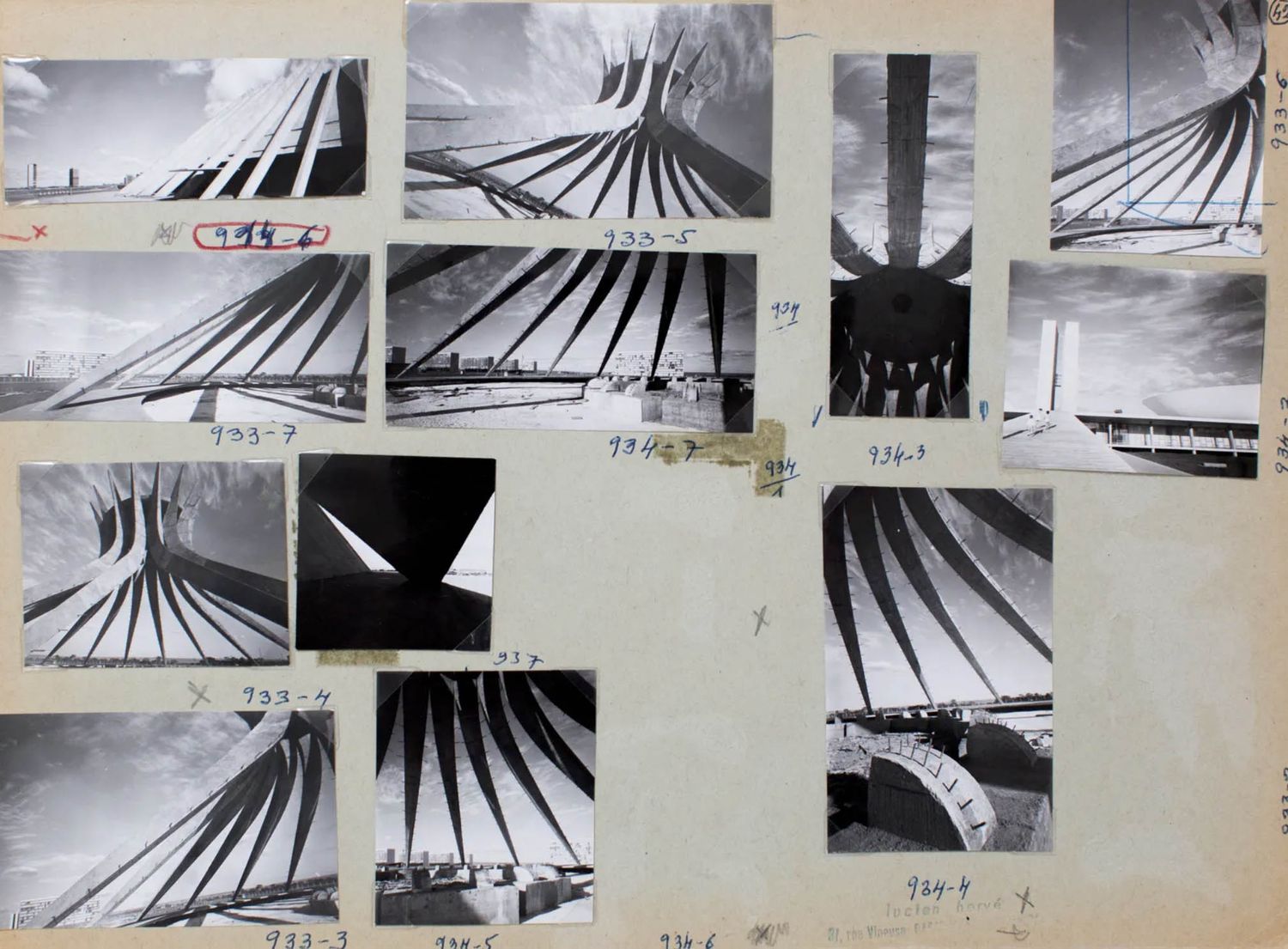 Black and white contact sheet of architectural photos showing modernist cathedral spires and curved concrete structures.