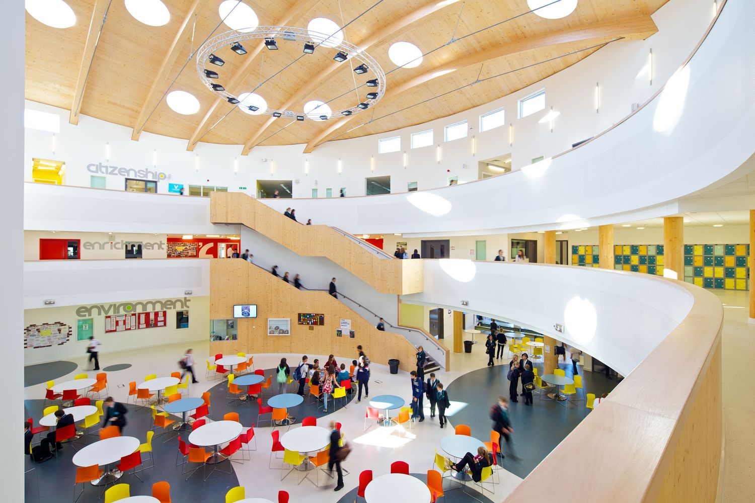 Modern school atrium with colorful furniture, sweeping staircase, circular skylights, and students gathered in an open learning space.
