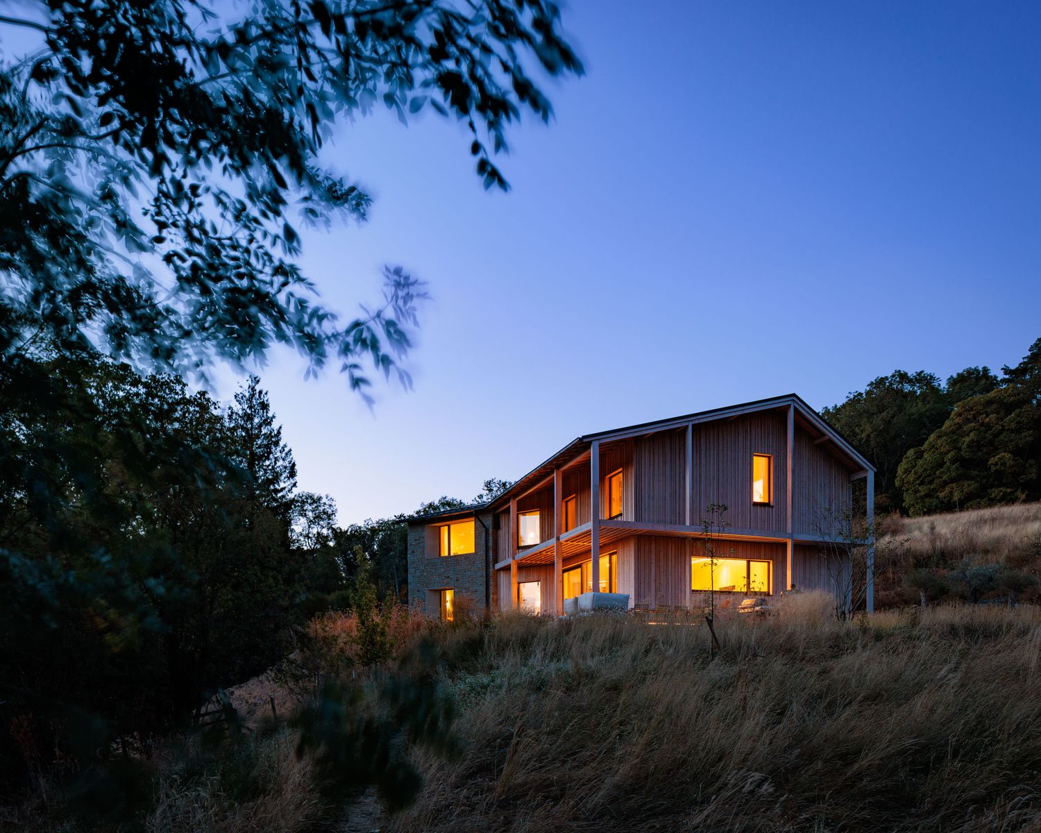 Illuminated two-story wood-clad house at dusk nestled among wild grasses and trees.