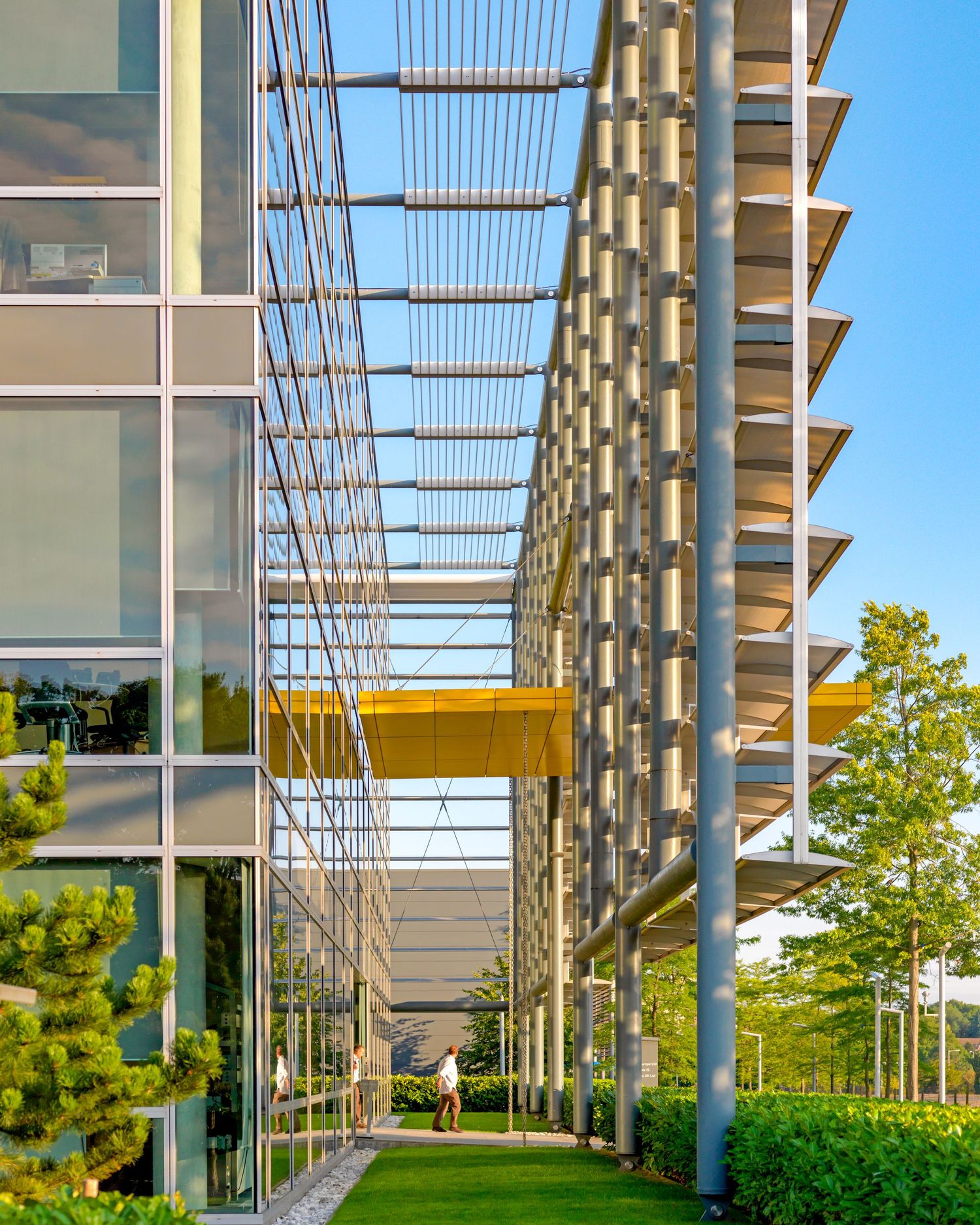 Modern glass office building corridor with steel cable canopy, lush green lawn, and people walking on a sunny day.