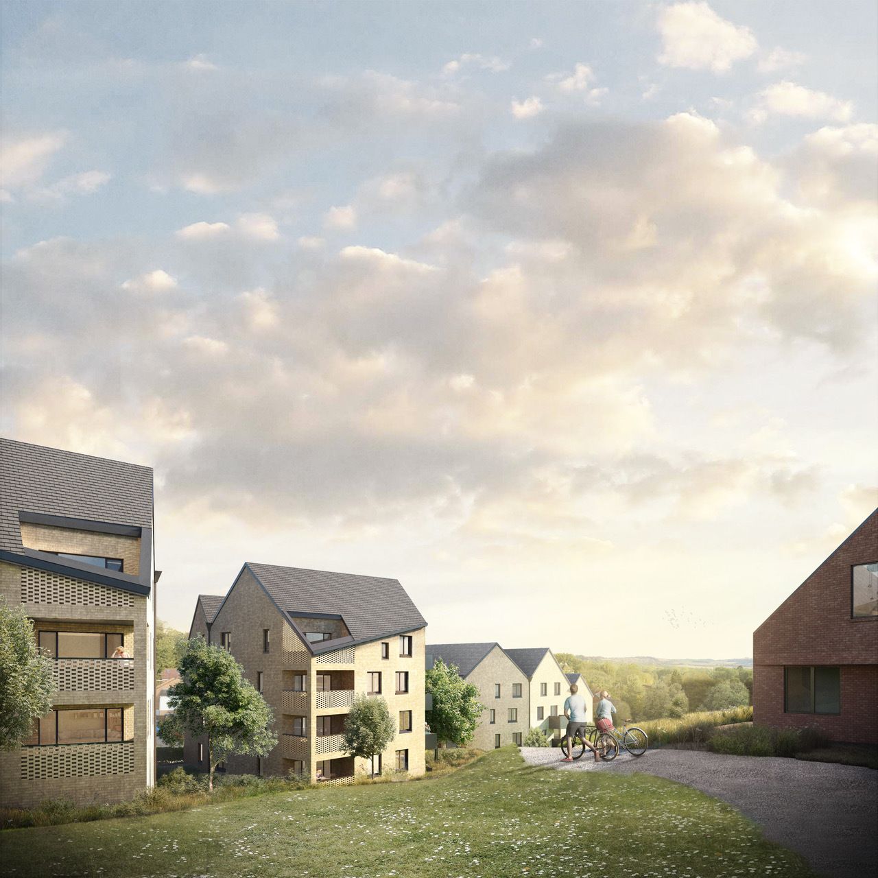 Modern residential development with mixed housing styles, green lawns, and a cloudy sunset sky in a suburban setting.